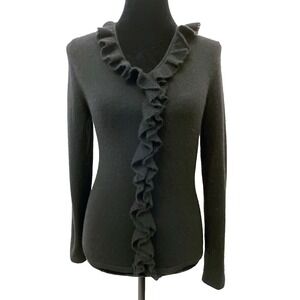 Privé Womens Pullover Ruffled Collar V-Neck‎ Sweater Medium Black 100% Cashmere